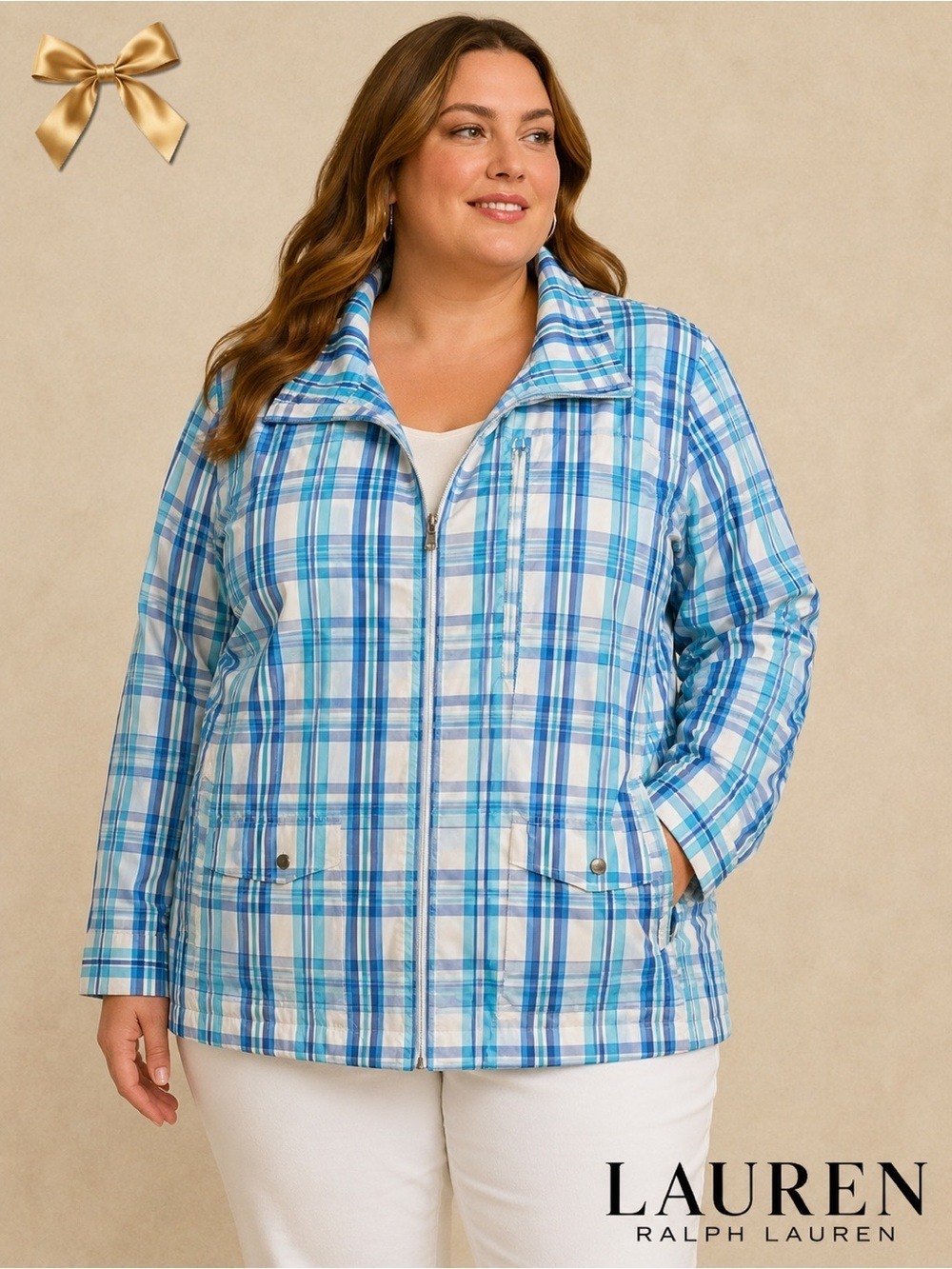 Lauren Ralph Lauren Plaid Windbreaker Jacket 3X Blue White